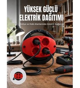 5 Metre Uzatma Kablolu 4 Prizli Makara Kırmızı