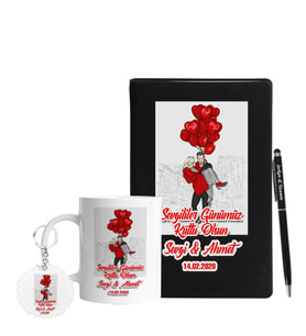 Sevgililer Gününe Özel Ahşap Defter Kalem Kupa & Süblimasyon Anahtarlık Hediye Seti 17
