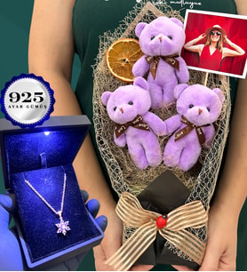 Fotoğraflı Büyük Boy Peluş Ayıcık Buketi ve Işıklı Kutusunda 925 Ayar Gümüş Lotus Kolye (Model 2)
