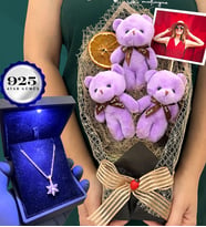 Fotoğraflı Büyük Boy Peluş Ayıcık Buketi ve Işıklı Kutusunda 925 Ayar Gümüş Lotus Kolye (Model 2)