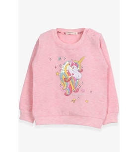 Breeze Kız Çocuk Sweatshirt Baskılı Pullu Unicorn 2-6 Yaş, Somon Melanj