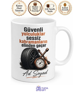 Lastikçiye Hediye Hava Basıncı Bijon Lastik Değişimi Temalı Baskılı Porselen Kupa Bardak