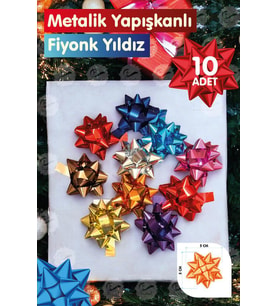 Hediye Paketi Süsleri 10Adet Rengarenk Metalik Yapışkanlı Fiyonk Yıldız Süs Paket Süsleme Çek Yıldız-T981