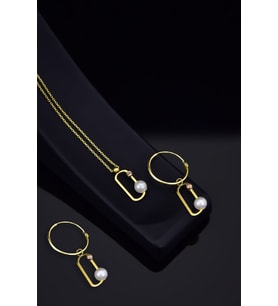 925 Ayar Gümüş Gold Kaplama Dorika Toplu Incili Ataç Kolye Ve Küpe Set