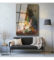 Altın Renk Metal Çerçeveli Tamperli Cam Tablo J.L.R. Meyve ve Çiçekler Vazoda Böcekli Natürmort Ressam Tablosu Dekoru