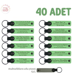 Öğretmenlere Teşekkür Amaçlı Okul Hediyesi, 40'lı Set, Kişiye Özel Hatıra Anahtarlık, F Yeşil & Gri (Fıstık Yeşili)