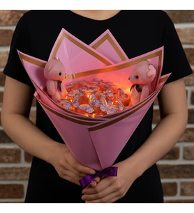 Ledli 24 Adet Kelebek Buketi Lila Renkli Simli Peluş Ayıcıklı