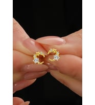 Gümüş altın yaldızlı yıldız kesim zirkon taşlı ay yıldız küpe SGTL12843GOLD
