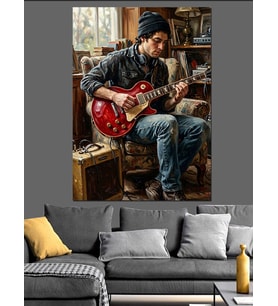 Gitar Çalan Oduncu Gömlekli Adam Dekoratif Kanvas - Mdf Ahşap Tablo