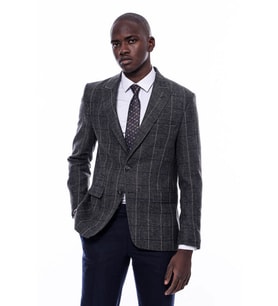 Ekose Sivri Yaka Slim Fit Füme Erkek Ceket - Wessi