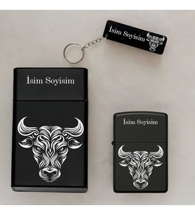 Boğa Desenli Kişiye Özel İsimli Çakmak,Metal Tabaka ve Anahtarlık Seti - 3'lü Hediye Set
