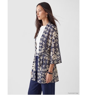 LCW EVERYDAY Mavi Şal Yaka Desenli Beli Kuşaklı Kadın Kimono