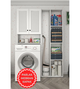 Kenzlife membran çamaşır makinesi dolabı veronikasüpürge byzbyz panjur 180*126*20 mebran kapak suntalam gövde arkalıksız raflı (Beyaz-Gri)