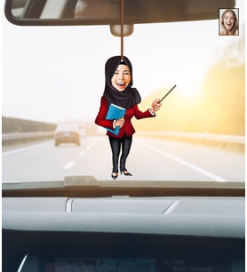Kişiye Özel Karikatürlü Öğretmen Temalı Ahşap Araba Dikiz Ayna Süsü