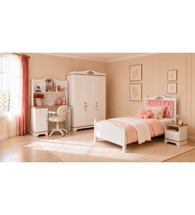 Flower Genç Odası(3 Kapılı Dolap+Karyola 100x200+Komodin+Çalışma Masası ve Üst Ünite+Kitaplık+Şifonyer+ayna )