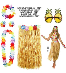 Hawaii Parti Kostüm Seti - 60 cm Hasır Etek, Çiçekli Aksesuarlar ve Ananas Gözlük (5680)