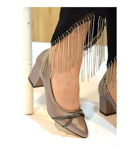 Prego (Oc Shoes) Kalın Topuklu Taş Biye Desenlik Kadın Ayakkabı PLATİN