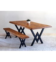 Doğal Ağaç Masif Kütük Masa 75cm x 145cm + 1 Bank Bench ( Metal Ayak )