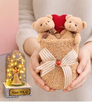 Kahve Premium Peluş Ayıcık Buketi ve Size Özel Işıklı Melekli Fanus