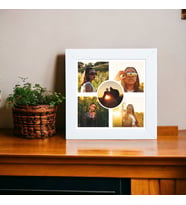 Kişiye Özel 5 Fotoğraflı Yuvarlak Kolaj Tasarımlı Beyaz Kare Fotoğraf Anı Çerçevesi