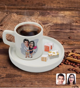 BK Gift Kişiye Özel Sunum Tabaklı Sevgililer Karikatürlü Türk Kahvesi Fincanı Model 108