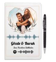 Sevgililer Gününe Özel Spotify Barkodlu Kişiye Özel Defter Ve Tükenmez Kalem Hediye Seti (Beyaz)
