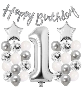 Gümüş Konsept 1 Yaş Doğum Günü Kutlama Seti Beyaz Gümüş Konfetili Balon Rakam Yıldız Folyo ve Banner