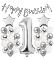Gümüş Konsept 1 Yaş Doğum Günü Kutlama Seti Beyaz Gümüş Konfetili Balon Rakam Yıldız Folyo ve Banner