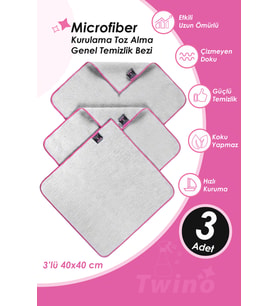 Twino 3'lü Mikrofiber Temizlik Bezi 40x40 Çok Amaçlı Mobilya Halı Koltuk Ovma Silme Toz Alma Bezi