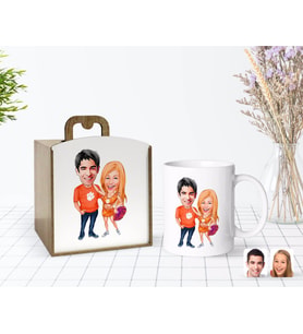 BK Gift Kişiye Özel Ahşap Kutuda Sevgililer Karikatürlü Beyaz Kupa Bardak-54