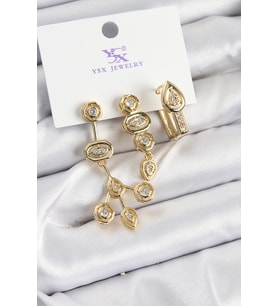 Pirinç Zİrkon Taşlı Geometrik Model Gold Renk 3'lü Kadın Küpe