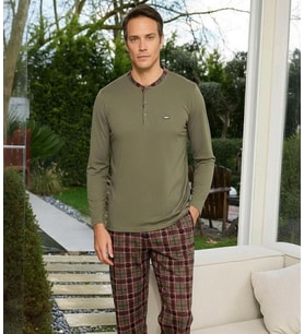 Pijamoni Erkek Standart Kalıp Pamuklu Düğme Yaka Uzun Kol Baharlık Pijama Takımı 6300/5H - 1 Adet (Haki)