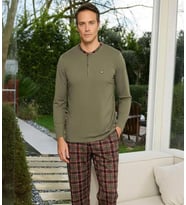 Pijamoni Erkek Standart Kalıp Pamuklu Düğme Yaka Uzun Kol Baharlık Pijama Takımı 6300/5H - 1 Adet (Haki)