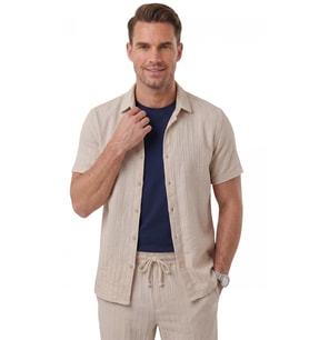DeepSEA Bej Slim Fit Çizgi Dokulu Keten Görünümlü Kısa Kol Erkek Spor Gömlek 2602648