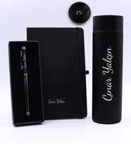 Kişiye Özel Siyah Dereceli Termos & Siyah Defter & Dokunmatik Füme Roller Kalem Hediye Seti