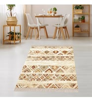 Geometrik Karo Desenli Dijital Baskı Yıkanabilir Kaymaz Taban Etnik Kilim Desen Salon Halısı (Krem)