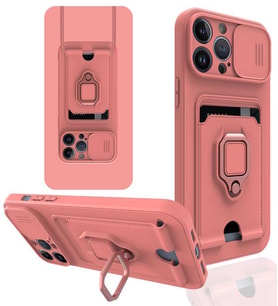 Apple iPhone 13 Pro Max Kılıf Kartlıklı Kamera Korumalı Standlı Manyetik Kapak (Pembe)