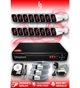 BAYICAM 16 Kameralı Kare 16 Dış Kamera Set 2 TB HDD Full HD Gece Görüşlü Güvenlik Kamerası Sistemi