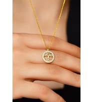 Zirkon Taşlı Gold Yaşam Ağacı Gümüş Kolye