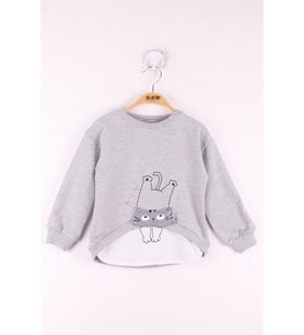 Toontoy Kız Çocuk Kedi Baskılı Sweatshirt ( Gri-Melanj)