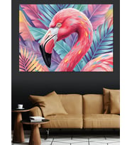 Tropikal Yapraklar Ve Pembe Flamingo Dekoratif Kanvas - Mdf Ahşap Tablo