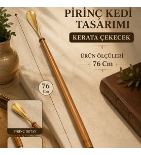 Pirinç Kedi Tasarımlı Kerata Çekecek 76 Cm – Ahşap Saplı Şık ve Dayanıklı Tasarım