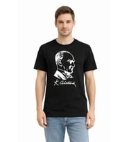 Erkek Atatürk Baskılı Tişört Kısa Kollu Bisiklet Yaka T-Shirt - Siyah