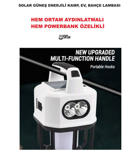 Şarjlı Solar Güneş Enerjili Ortam Aydınlatma ve Fener Özelik Powerbank Şarjlı Kamp, , Bahçe Ev Lamba
