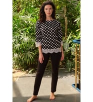 Kadın Viskon Puantiyeli Uzun Kol Dantelli Sweatshirt ve Pantolon Pijama Takım (Renksiz)