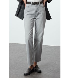 Stil Kadın Moda Denim Kot Pantolon Uzun Boru Paça Gri Yüksek Bel Straight Jeans
