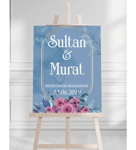 Söz Nişan Düğün İçin 50x70 Karşılama Panosu - Mavi Çiçek Tasarımlı 2