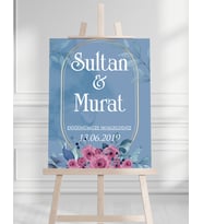 Söz Nişan Düğün İçin 50x70 Karşılama Panosu - Mavi Çiçek Tasarımlı 2