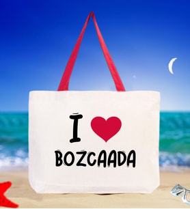 BK Gift I Love Bozcaada Renkli Kulp Kanvas Plaj Çantası 48x40m, Baskılı Omuz Çantası, Alışveriş Çantası (Kırmızı)