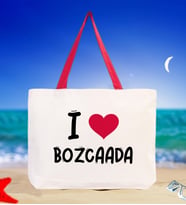 BK Gift I Love Bozcaada Renkli Kulp Kanvas Plaj Çantası 48x40m, Baskılı Omuz Çantası, Alışveriş Çantası (Kırmızı)